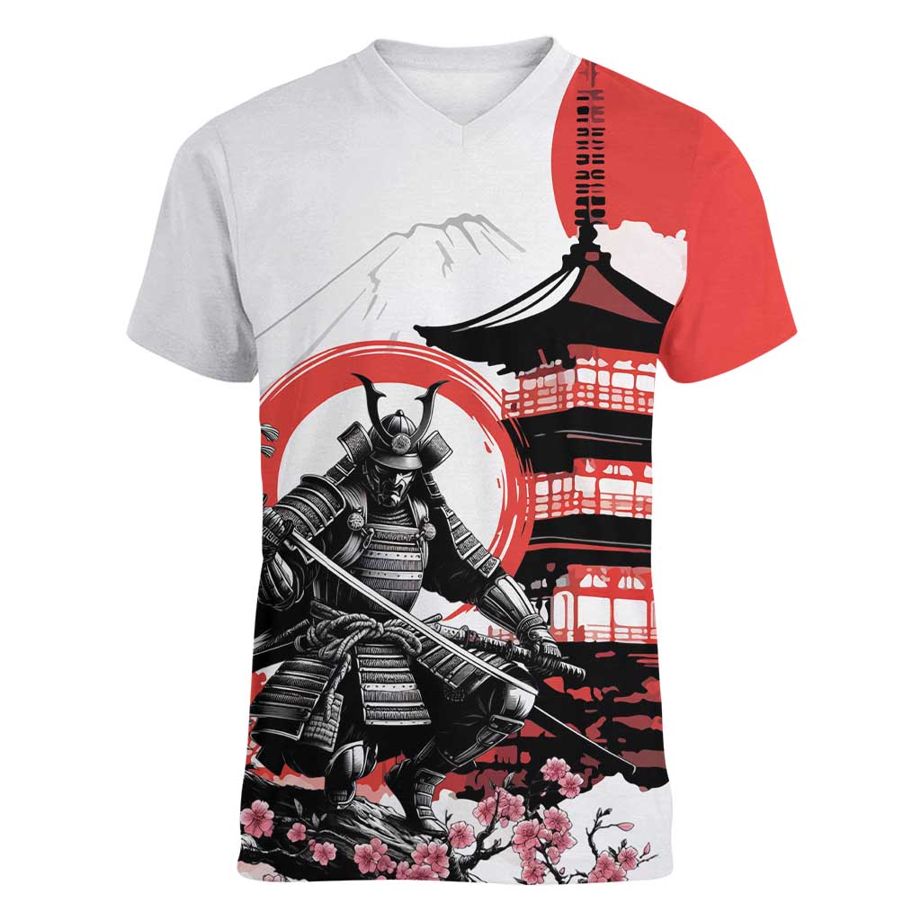 Japanese Samurai Warrior Enso Women V-Neck T-Shirt Japan Pagoda Sakura Watercolor LT14 Female White - Polynesian Pride