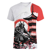 Japanese Samurai Warrior Enso Women V-Neck T-Shirt Japan Pagoda Sakura Watercolor LT14 Female White - Polynesian Pride