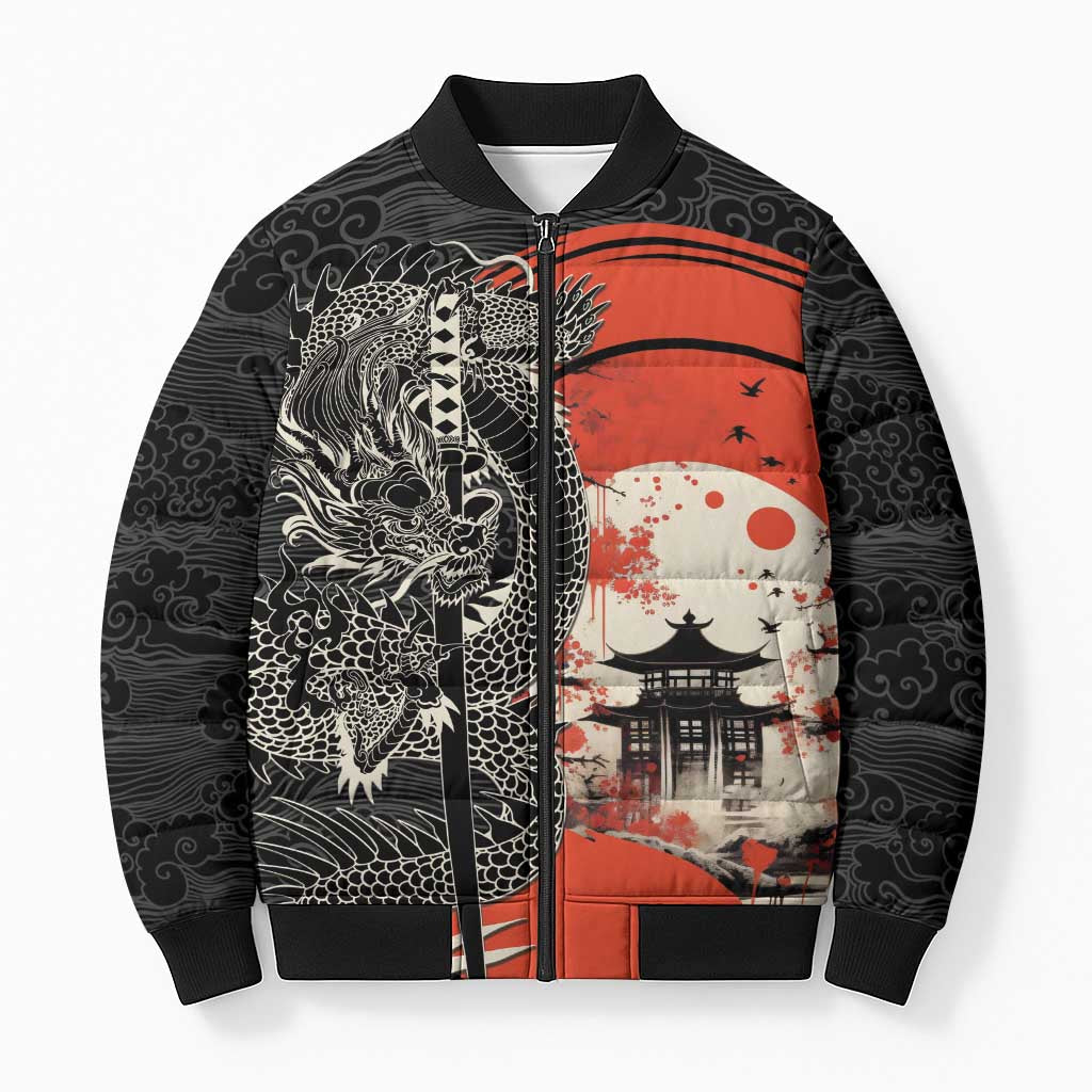 Japanese Dragon Katana Enso Bomber Puffer Jacket Japan Pagoda Seamless Cloud LT14 Unisex Black - Polynesian Pride