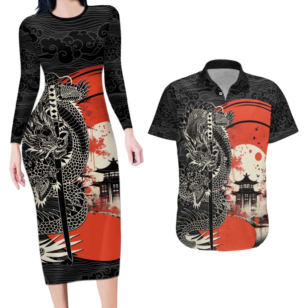 Japanese Dragon Katana Enso Couples Matching Long Sleeve Bodycon Dress and Hawaiian Shirt Japan Pagoda Seamless Cloud - Polynesian Pride