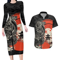 Japanese Dragon Katana Enso Couples Matching Long Sleeve Bodycon Dress and Hawaiian Shirt Japan Pagoda Seamless Cloud - Polynesian Pride