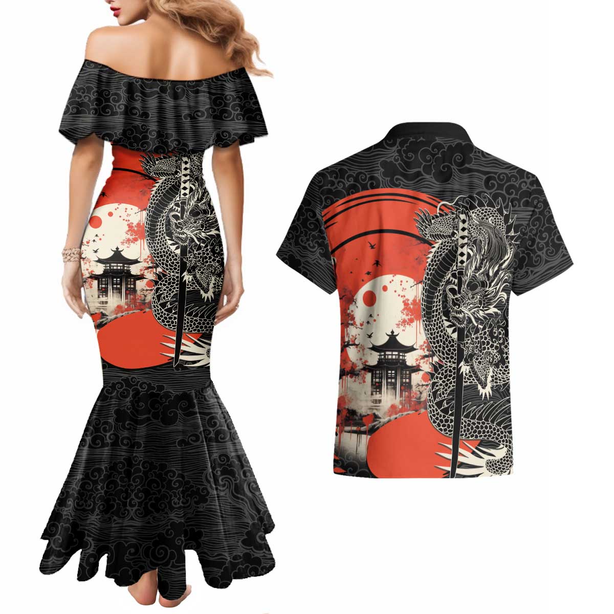 Japanese Dragon Katana Enso Couples Matching Mermaid Dress and Hawaiian Shirt Japan Pagoda Seamless Cloud - Polynesian Pride