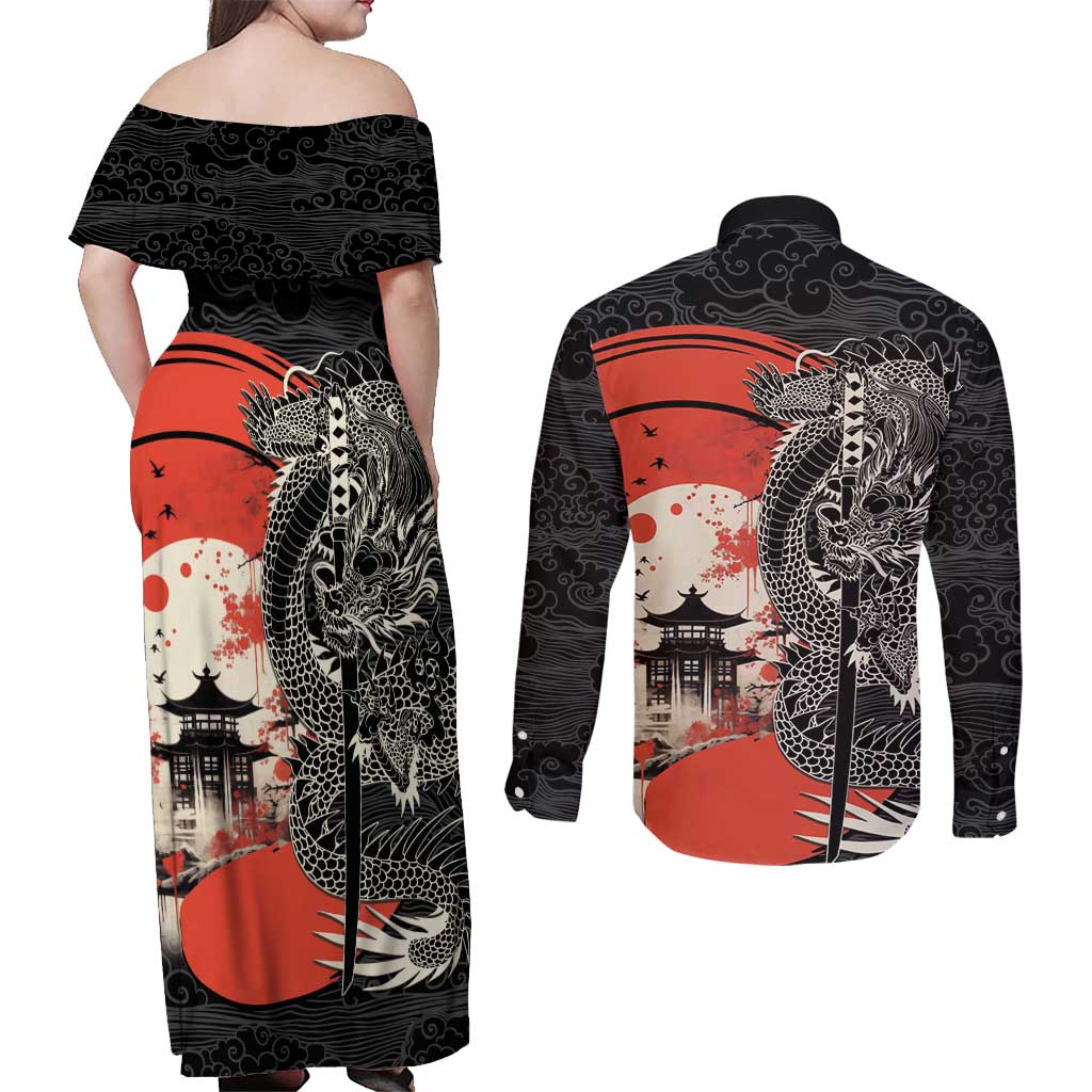 Japanese Dragon Katana Enso Couples Matching Off Shoulder Maxi Dress and Long Sleeve Button Shirt Japan Pagoda Seamless Cloud LT14 - Polynesian Pride
