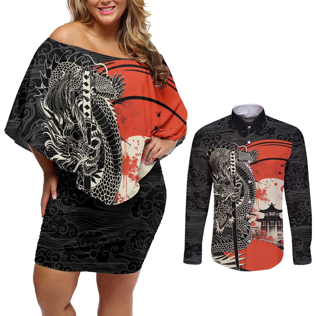 Japanese Dragon Katana Enso Couples Matching Off Shoulder Short Dress and Long Sleeve Button Shirt Japan Pagoda Seamless Cloud LT14 Black - Polynesian Pride