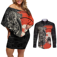 Japanese Dragon Katana Enso Couples Matching Off Shoulder Short Dress and Long Sleeve Button Shirt Japan Pagoda Seamless Cloud LT14 Black - Polynesian Pride