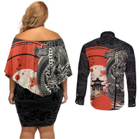Japanese Dragon Katana Enso Couples Matching Off Shoulder Short Dress and Long Sleeve Button Shirt Japan Pagoda Seamless Cloud LT14 - Polynesian Pride