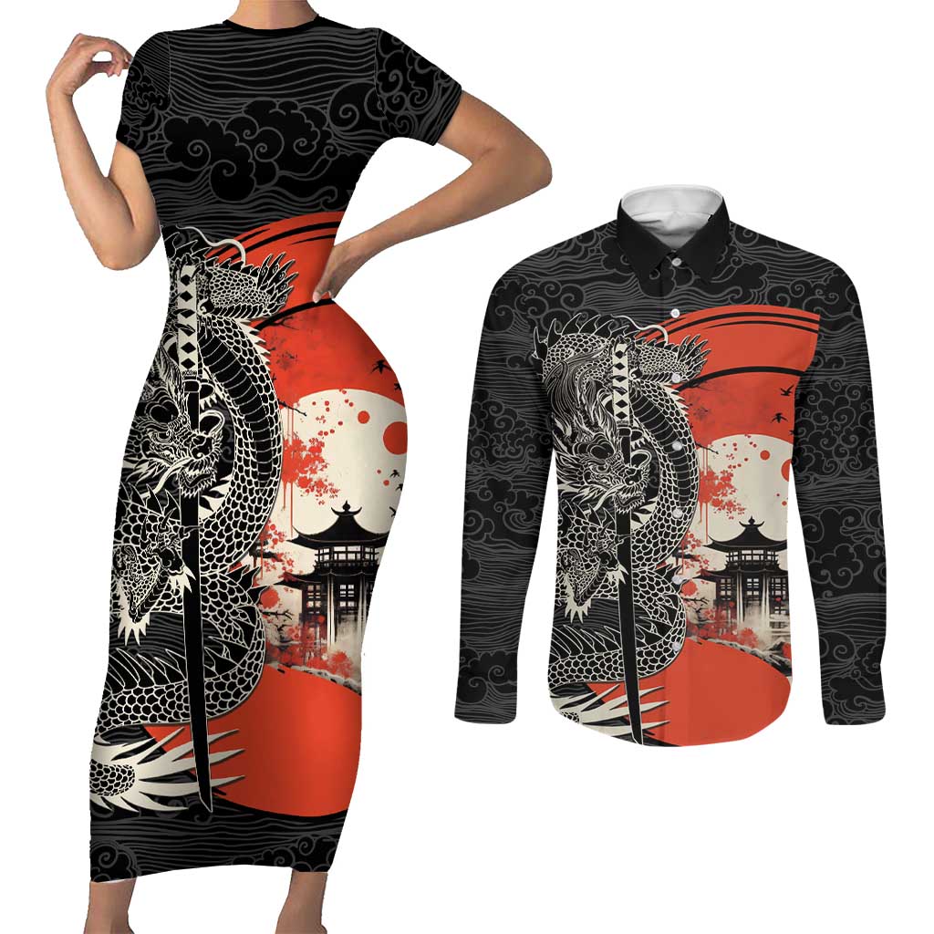 Japanese Dragon Katana Enso Couples Matching Short Sleeve Bodycon Dress and Long Sleeve Button Shirt Japan Pagoda Seamless Cloud LT14 Black - Polynesian Pride