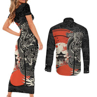 Japanese Dragon Katana Enso Couples Matching Short Sleeve Bodycon Dress and Long Sleeve Button Shirt Japan Pagoda Seamless Cloud LT14 - Polynesian Pride
