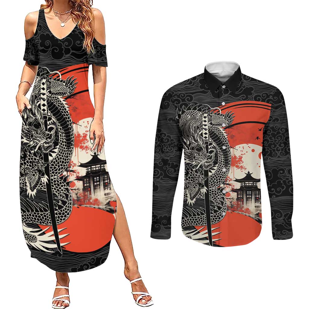 Japanese Dragon Katana Enso Couples Matching Summer Maxi Dress and Long Sleeve Button Shirt Japan Pagoda Seamless Cloud LT14 Black - Polynesian Pride
