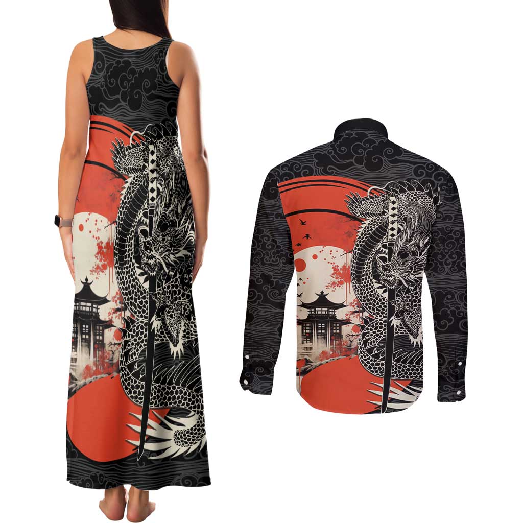 Japanese Dragon Katana Enso Couples Matching Tank Maxi Dress and Long Sleeve Button Shirt Japan Pagoda Seamless Cloud LT14 - Polynesian Pride