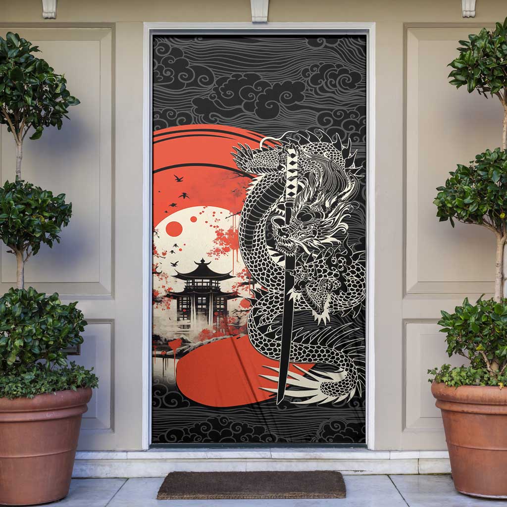 Japanese Dragon Katana Enso Door Cover Japan Pagoda Seamless Cloud LT14 Black - Polynesian Pride