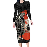 Japanese Dragon Katana Enso Family Matching Long Sleeve Bodycon Dress and Hawaiian Shirt Japan Pagoda Seamless Cloud LT14 Mom's Dress Black - Polynesian Pride