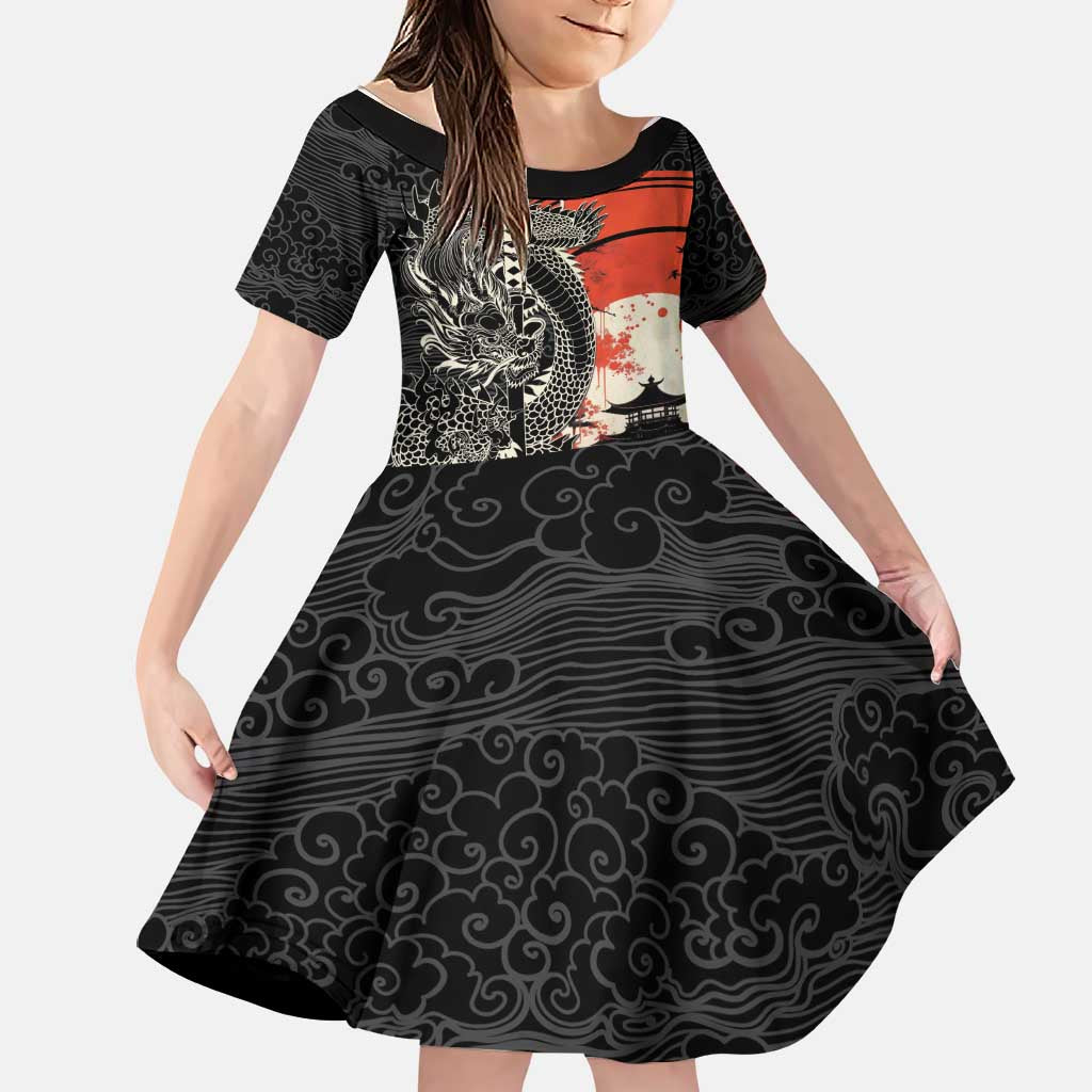 Japanese Dragon Katana Enso Family Matching Mermaid Dress and Hawaiian Shirt Japan Pagoda Seamless Cloud LT14 Daughter's Dress Black - Polynesian Pride