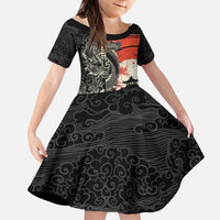 Japanese Dragon Katana Enso Family Matching Off The Shoulder Long Sleeve Dress and Hawaiian Shirt Japan Pagoda Seamless Cloud LT14 Daughter's Dress Black - Polynesian Pride