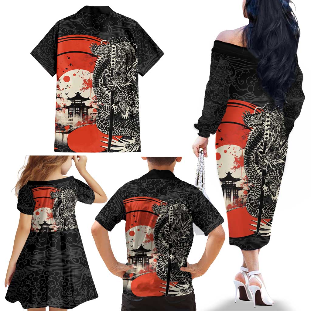 Japanese Dragon Katana Enso Family Matching Off The Shoulder Long Sleeve Dress and Hawaiian Shirt Japan Pagoda Seamless Cloud LT14 - Polynesian Pride