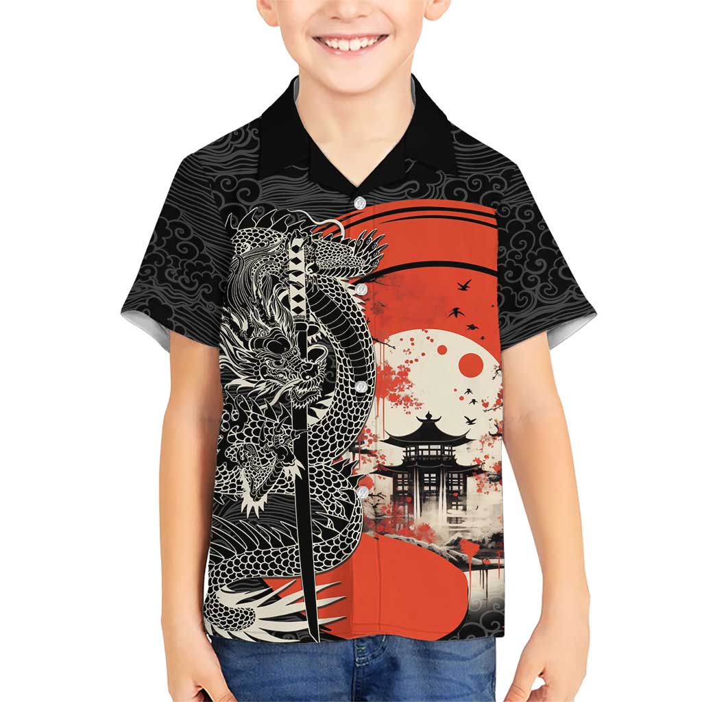 Japanese Dragon Katana Enso Family Matching Off The Shoulder Long Sleeve Dress and Hawaiian Shirt Japan Pagoda Seamless Cloud LT14 Son's Shirt Black - Polynesian Pride