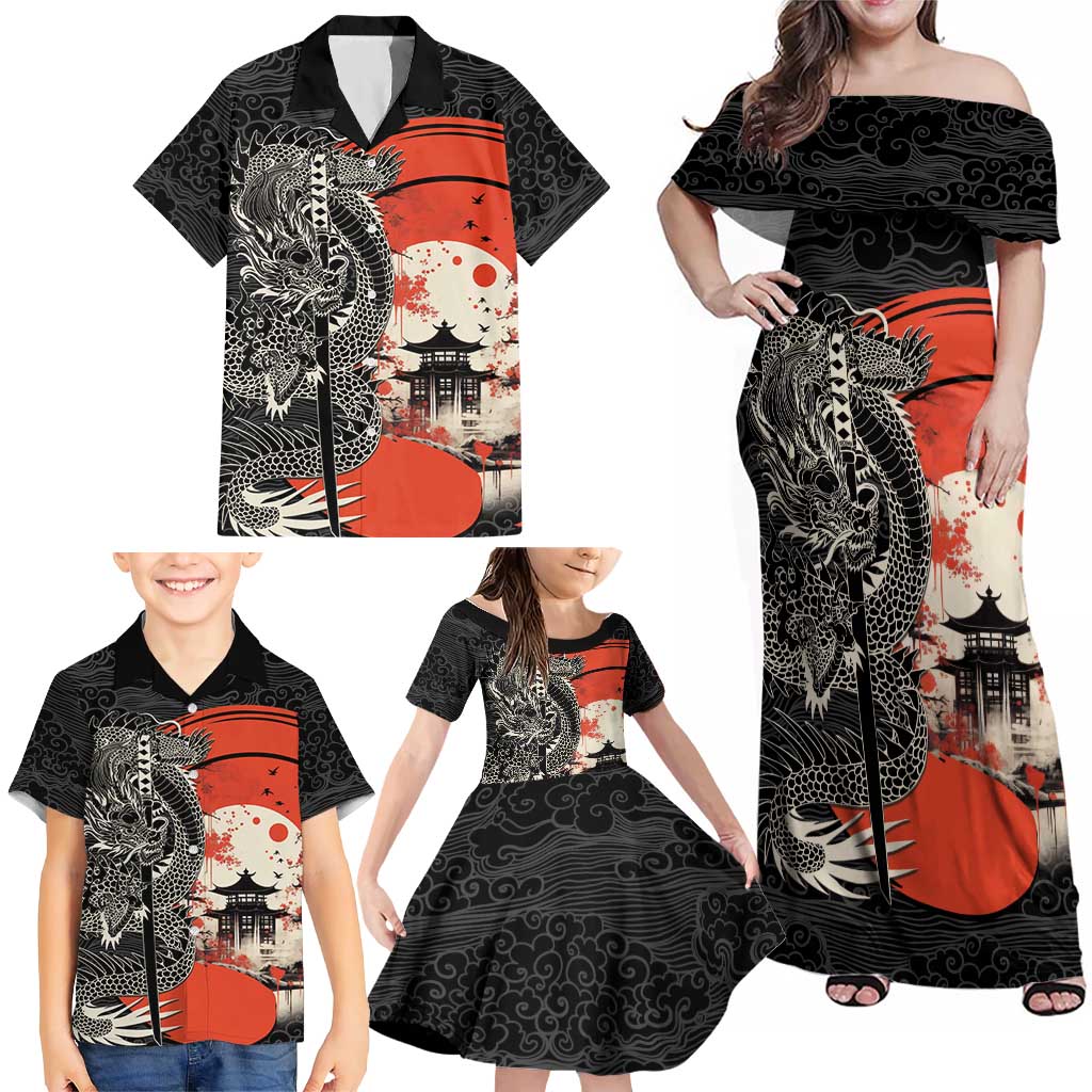 Japanese Dragon Katana Enso Family Matching Off Shoulder Maxi Dress and Hawaiian Shirt Japan Pagoda Seamless Cloud LT14 - Polynesian Pride