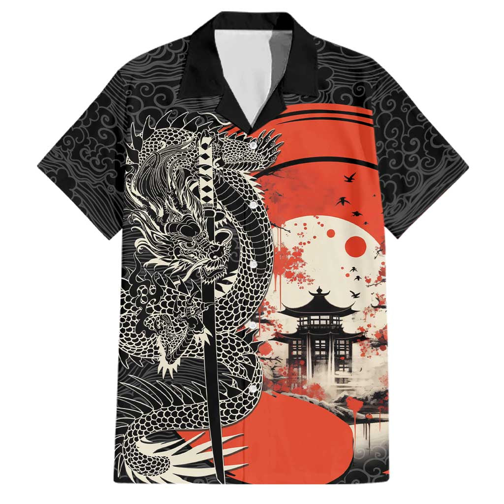 Japanese Dragon Katana Enso Family Matching Off Shoulder Maxi Dress and Hawaiian Shirt Japan Pagoda Seamless Cloud LT14 Dad's Shirt - Short Sleeve Black - Polynesian Pride
