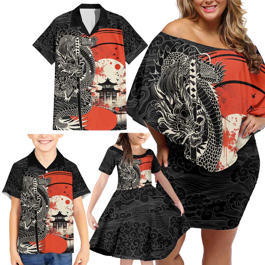 Japanese Dragon Katana Enso Family Matching Off Shoulder Short Dress and Hawaiian Shirt Japan Pagoda Seamless Cloud LT14 - Polynesian Pride