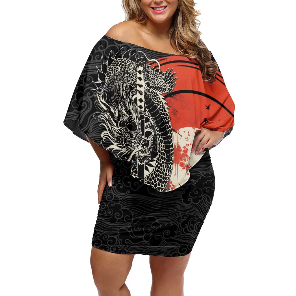 Japanese Dragon Katana Enso Family Matching Off Shoulder Short Dress and Hawaiian Shirt Japan Pagoda Seamless Cloud LT14 Mom's Dress Black - Polynesian Pride
