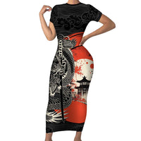 Japanese Dragon Katana Enso Family Matching Short Sleeve Bodycon Dress and Hawaiian Shirt Japan Pagoda Seamless Cloud LT14 Mom's Dress Black - Polynesian Pride