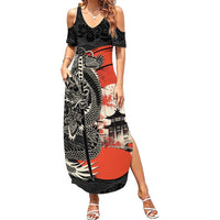 Japanese Dragon Katana Enso Family Matching Summer Maxi Dress and Hawaiian Shirt Japan Pagoda Seamless Cloud LT14 Mom's Dress Black - Polynesian Pride