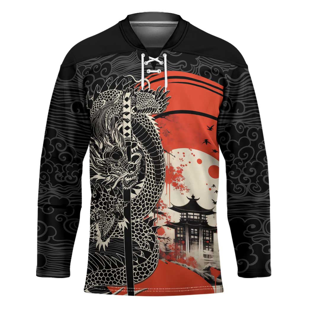 Japanese Dragon Katana Enso Hockey Jersey Japan Pagoda Seamless Cloud LT14 Unisex Black - Polynesian Pride
