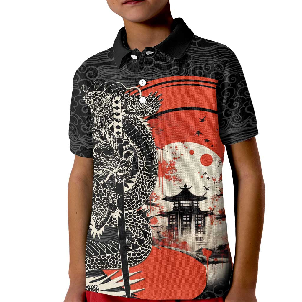 Japanese Dragon Katana Enso Kid Polo Shirt Japan Pagoda Seamless Cloud - Polynesian Pride