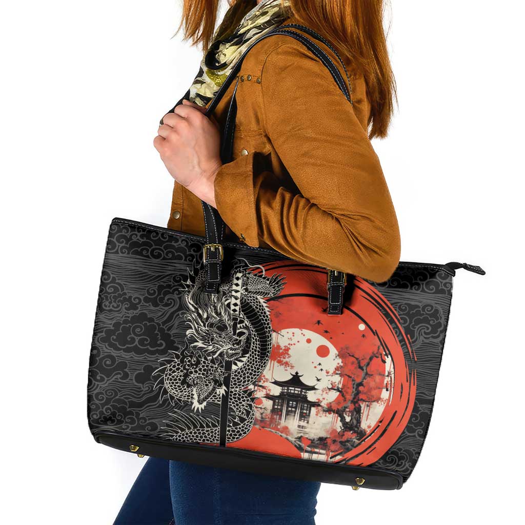 Japanese Dragon Katana Enso Leather Tote Bag Japan Pagoda Seamless Cloud - Polynesian Pride