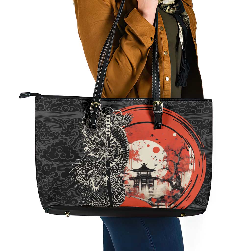 Japanese Dragon Katana Enso Leather Tote Bag Japan Pagoda Seamless Cloud - Polynesian Pride