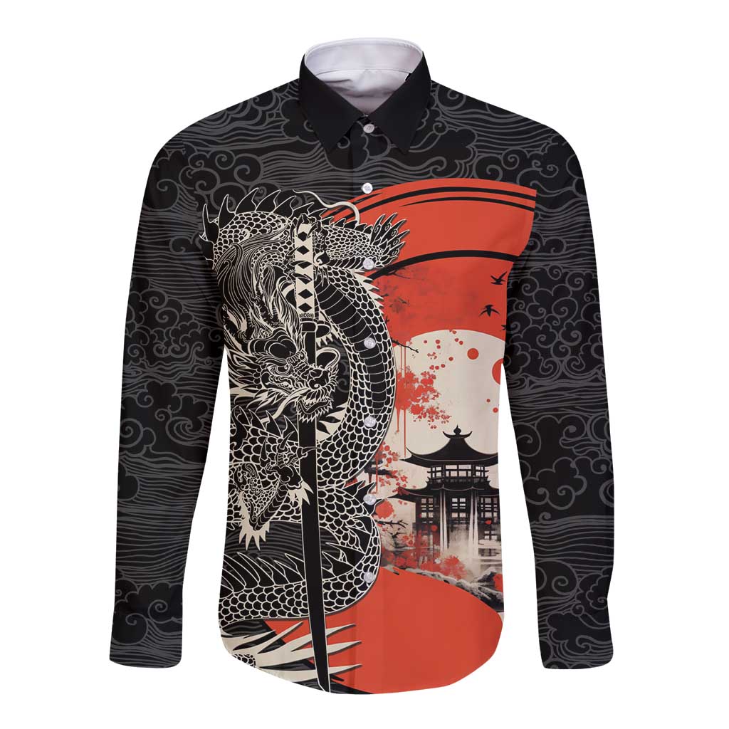 Japanese Dragon Katana Enso Long Sleeve Button Shirt Japan Pagoda Seamless Cloud LT14 Unisex Black - Polynesian Pride