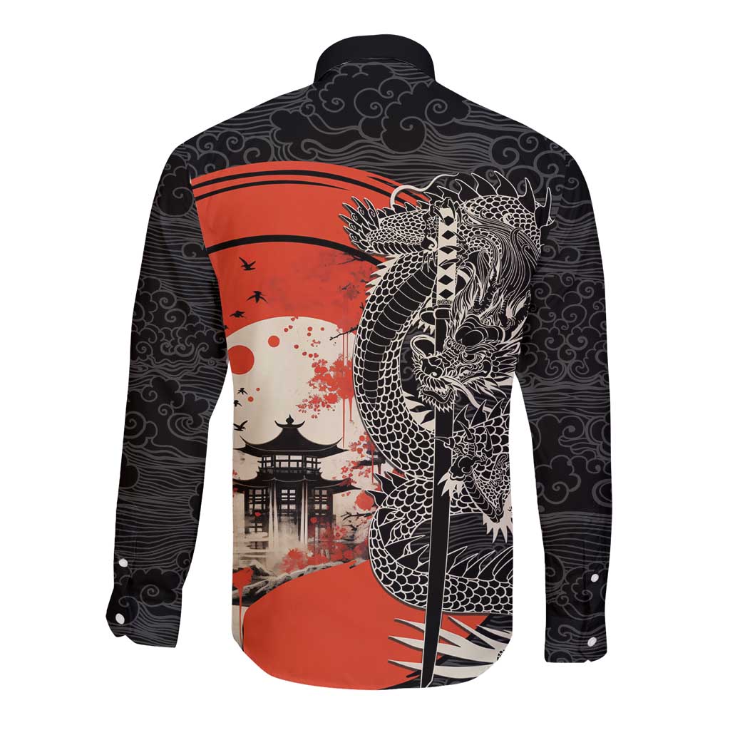 Japanese Dragon Katana Enso Long Sleeve Button Shirt Japan Pagoda Seamless Cloud LT14 - Polynesian Pride