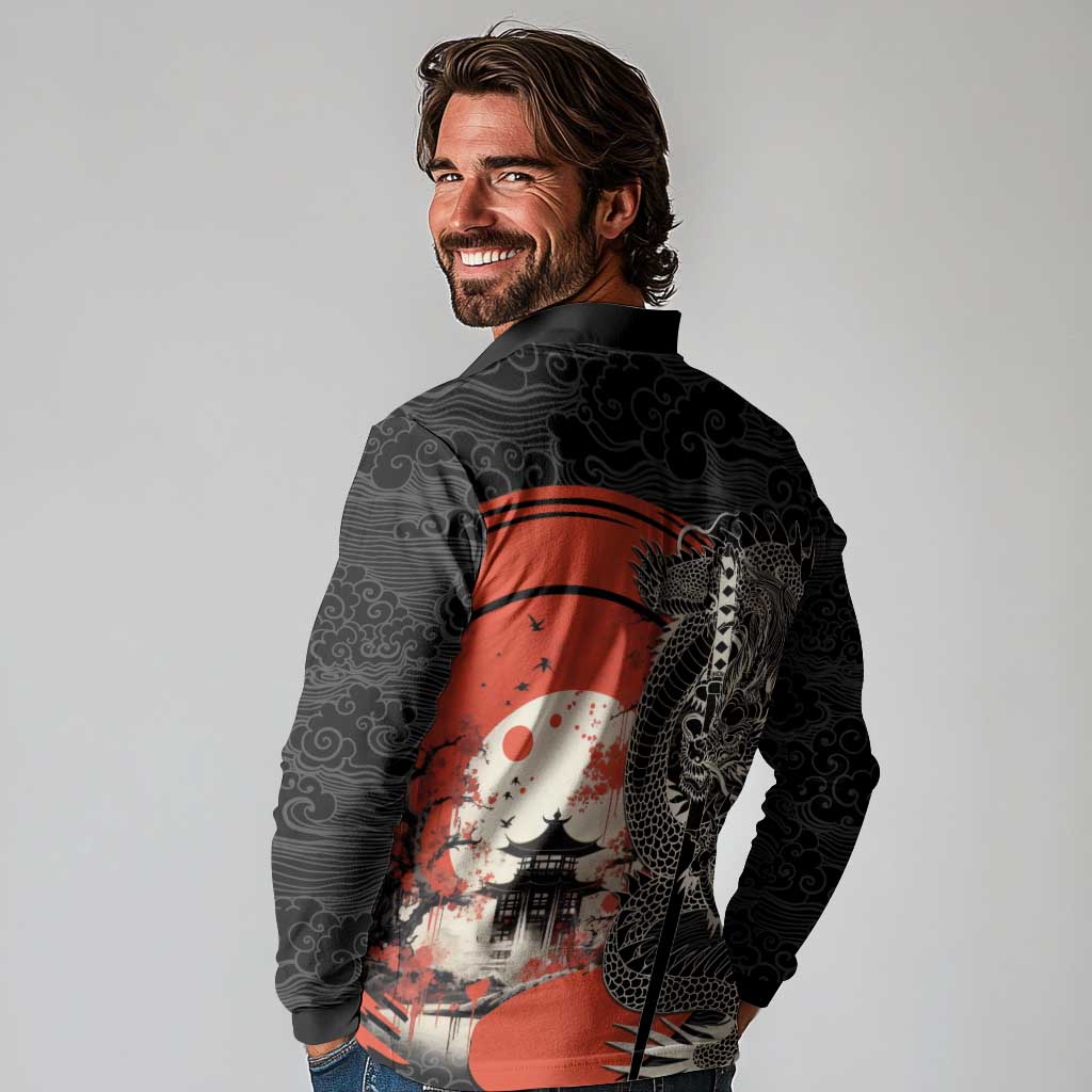 Japanese Dragon Katana Enso Long Sleeve Polo Shirt Japan Pagoda Seamless Cloud - Polynesian Pride