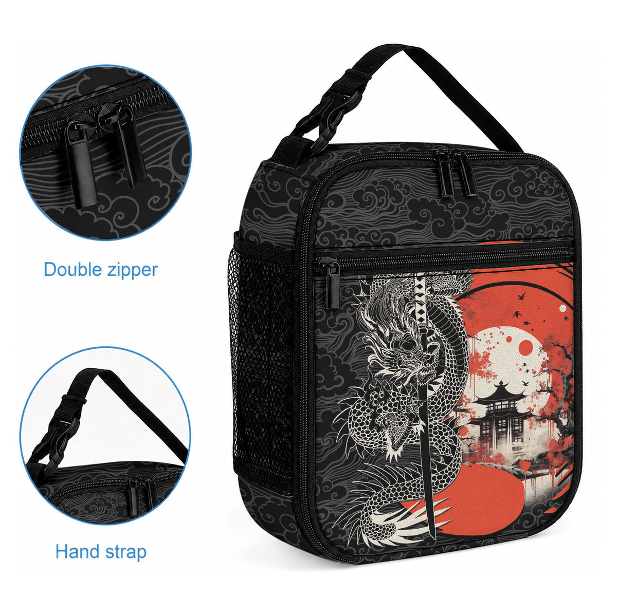 Japanese Dragon Katana Enso Lunch Bag Japan Pagoda Seamless Cloud