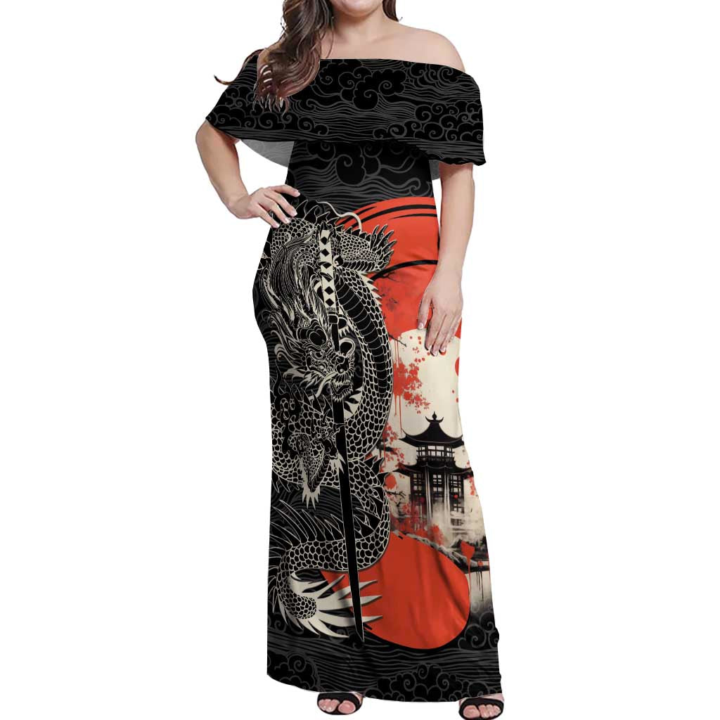 Japanese Dragon Katana Enso Off Shoulder Maxi Dress Japan Pagoda Seamless Cloud LT14 Women Black - Polynesian Pride