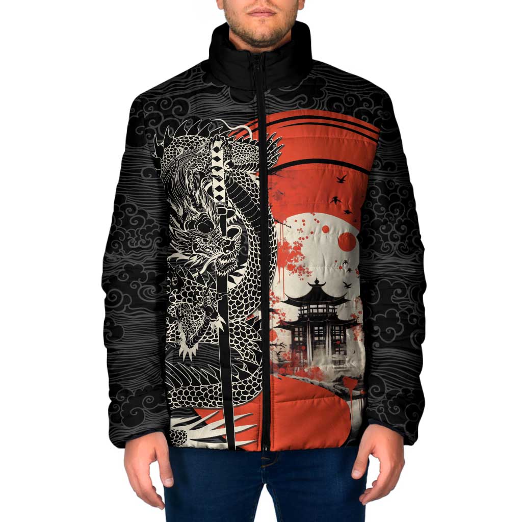 Japanese Dragon Katana Enso Padded Jacket Japan Pagoda Seamless Cloud LT14 Men Black - Polynesian Pride