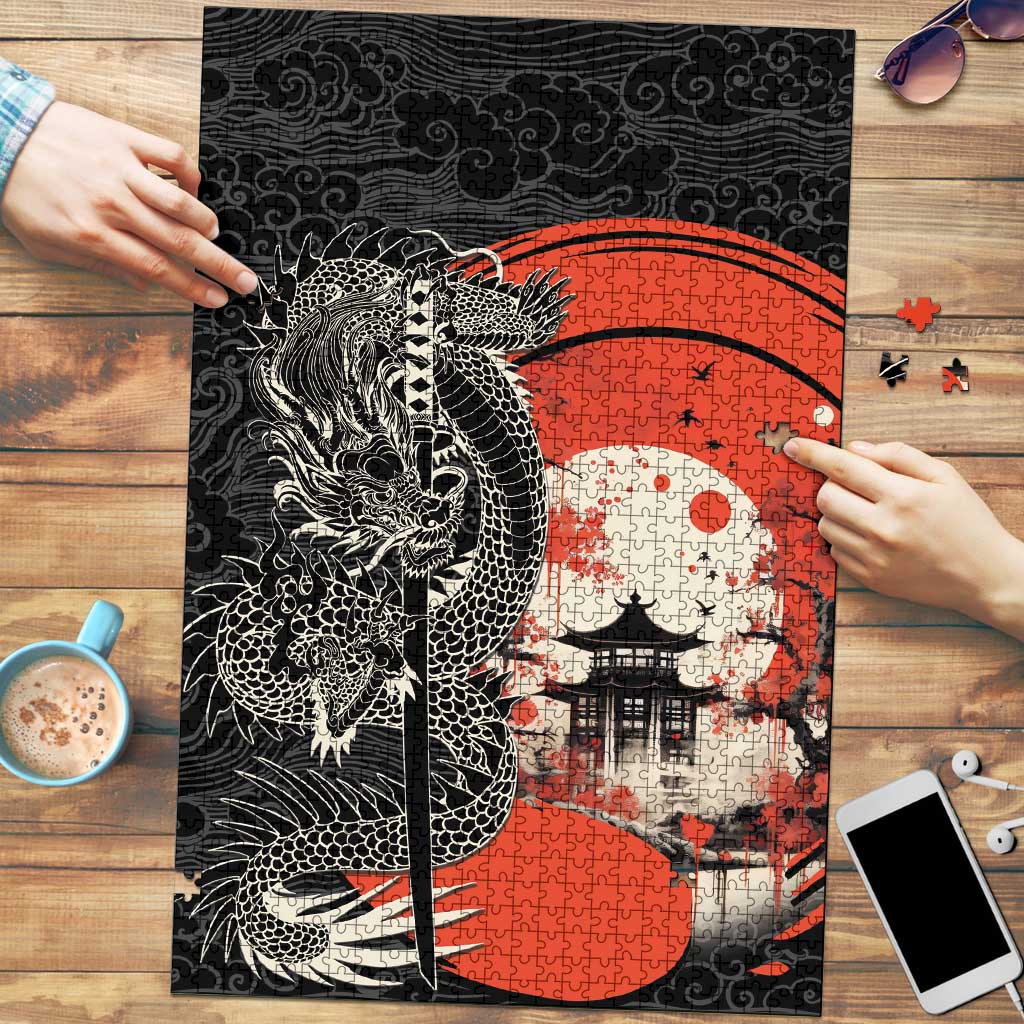 Japanese Dragon Katana Enso Puzzle Japan Pagoda Seamless Cloud LT14 Black - Polynesian Pride