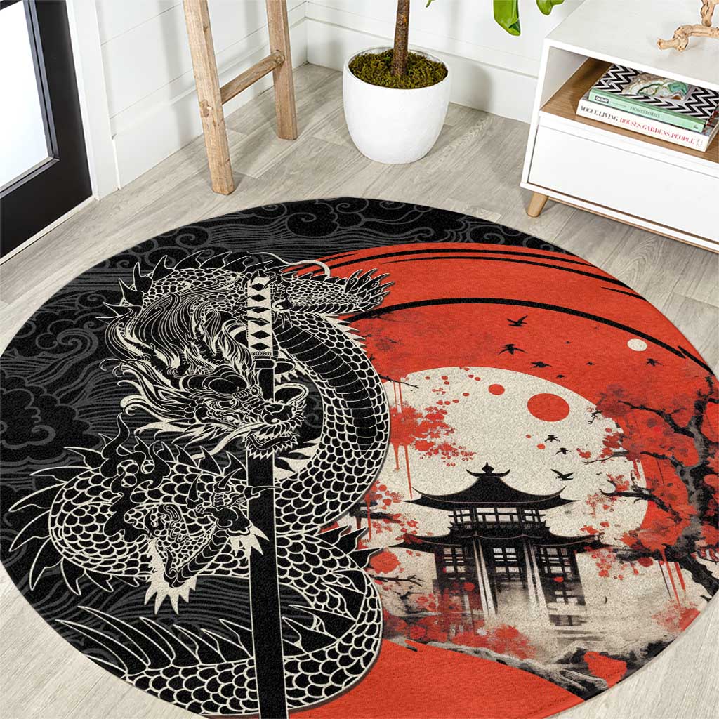 Japanese Dragon Katana Enso Round Carpet Japan Pagoda Seamless Cloud LT14 Black - Polynesian Pride