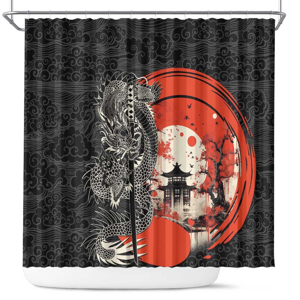 Japanese Dragon Katana Enso Shower Curtain Japan Pagoda Seamless Cloud LT14 Black - Polynesian Pride