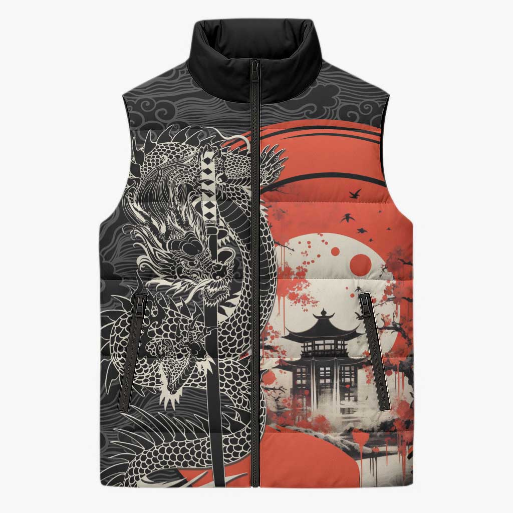 Japanese Dragon Katana Enso Sleeveless Puffer Jacket Japan Pagoda Seamless Cloud - Polynesian Pride