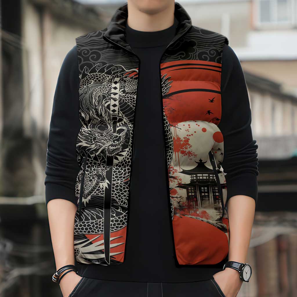 Japanese Dragon Katana Enso Sleeveless Puffer Jacket Japan Pagoda Seamless Cloud - Polynesian Pride