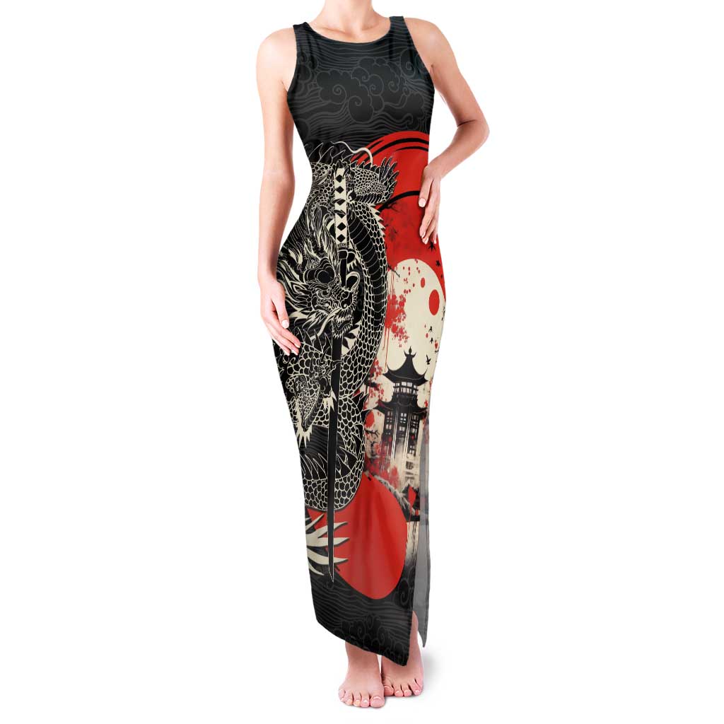 Japanese Dragon Katana Enso Tank Maxi Dress Japan Pagoda Seamless Cloud LT14 Women Black - Polynesian Pride