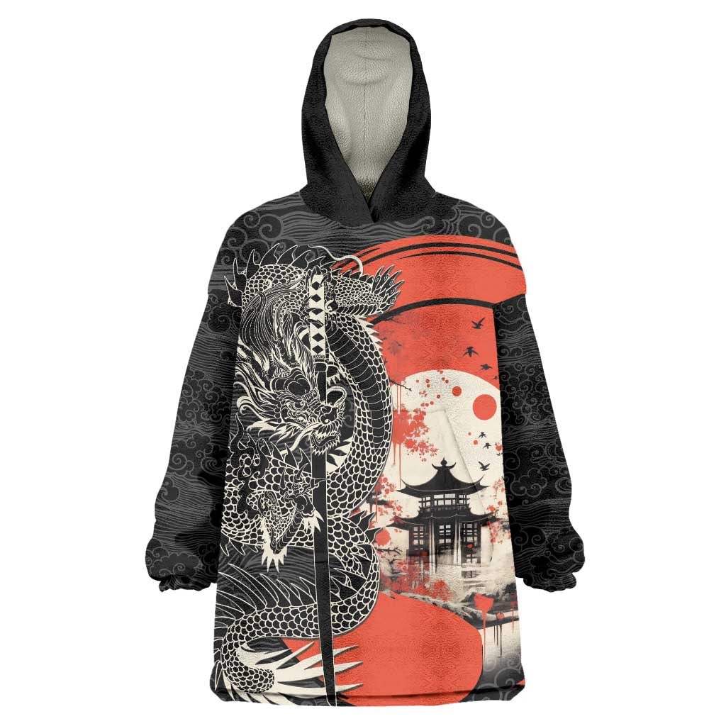 Japanese Dragon Katana Enso Wearable Blanket Hoodie Japan Pagoda Seamless Cloud LT14 One Size Black - Polynesian Pride