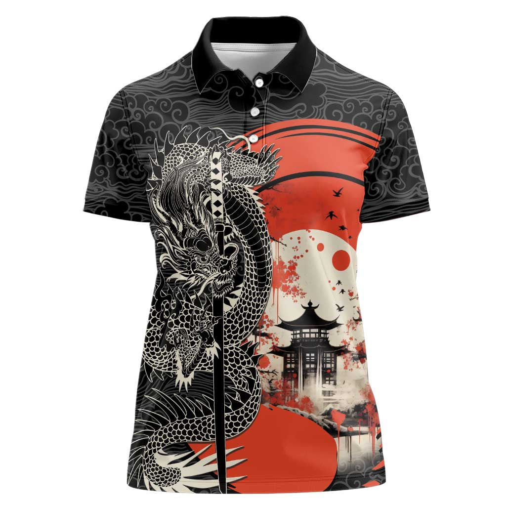 Japanese Dragon Katana Enso Women Polo Shirt Japan Pagoda Seamless Cloud LT14 Female Black - Polynesian Pride
