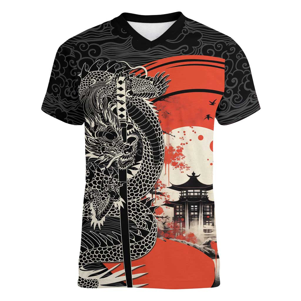 Japanese Dragon Katana Enso Women V-Neck T-Shirt Japan Pagoda Seamless Cloud LT14 Female Black - Polynesian Pride