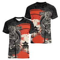 Japanese Dragon Katana Enso Women V-Neck T-Shirt Japan Pagoda Seamless Cloud LT14 - Polynesian Pride
