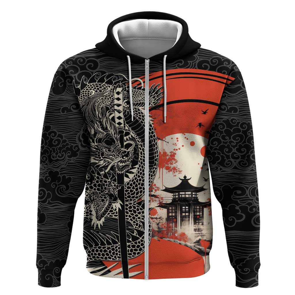 Japanese Dragon Katana Enso Zip Hoodie Japan Pagoda Seamless Cloud LT14 Zip Hoodie Black - Polynesian Pride