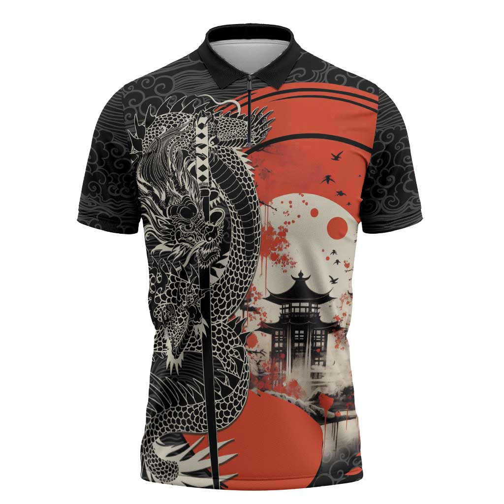 Japanese Dragon Katana Enso Zipper Polo Shirt Japan Pagoda Seamless Cloud LT14 Black - Polynesian Pride