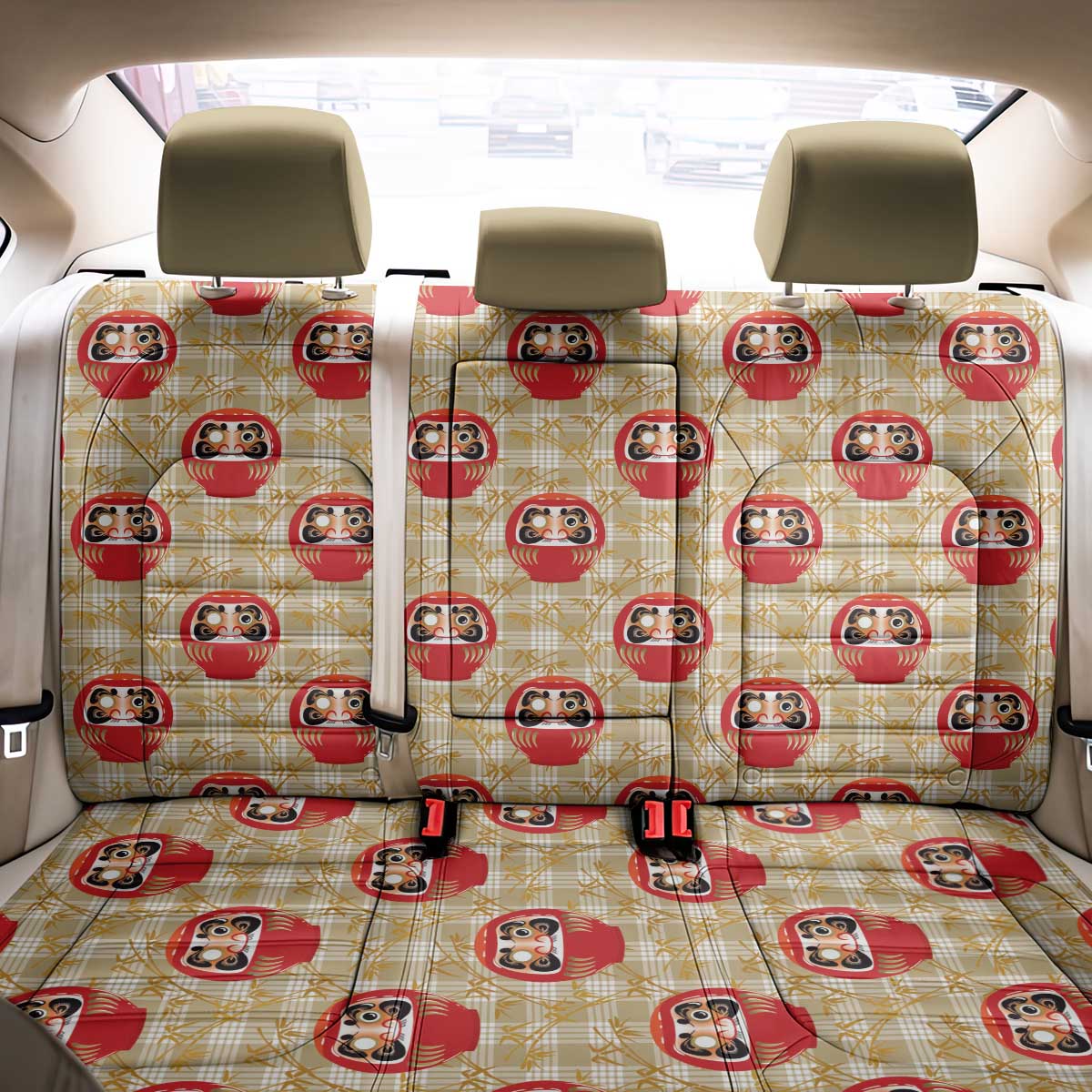 Japanese Daruma Doll Back Car Seat Cover Palaka With Seamless Bamboo Pattern - Polynesian Pride