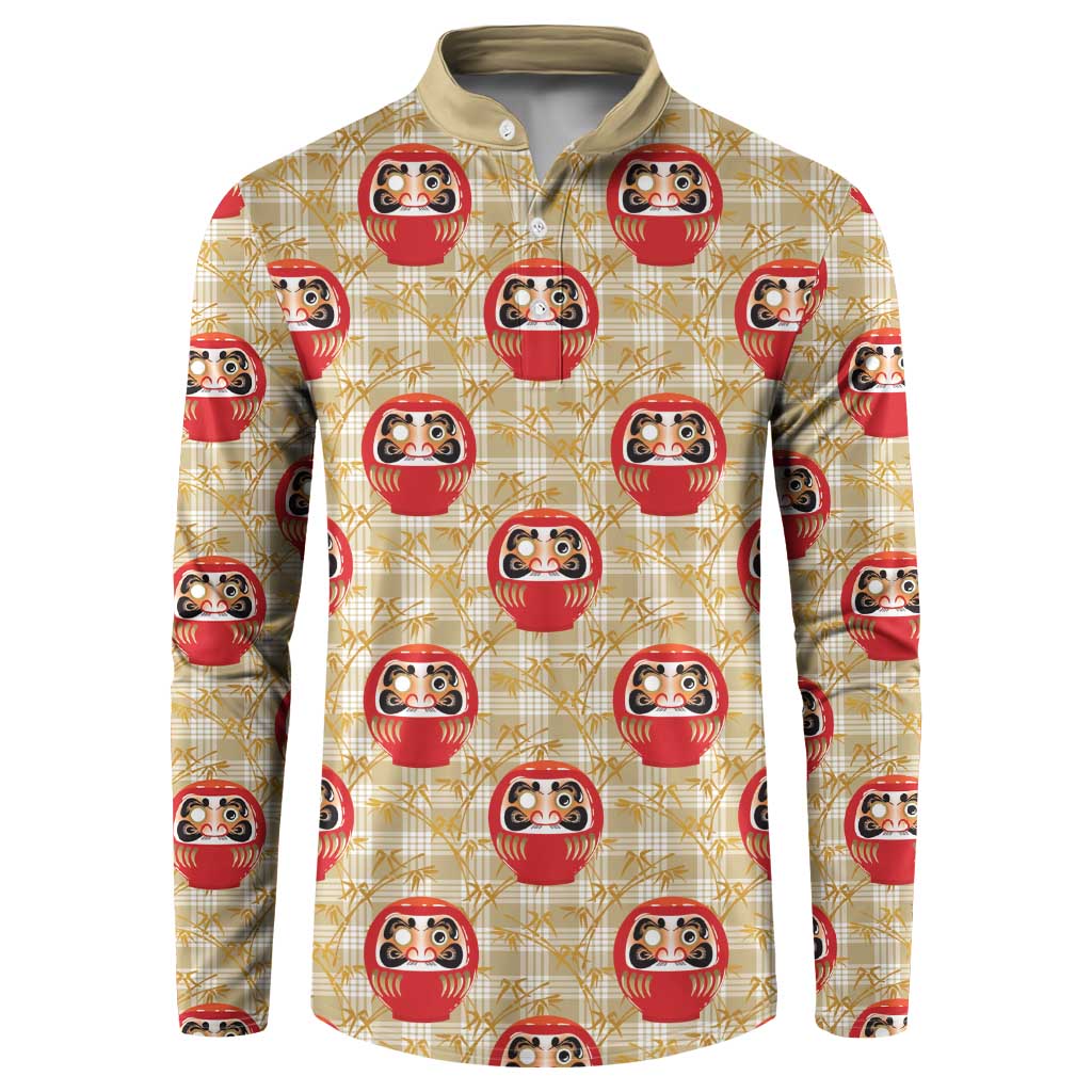 Japanese Daruma Doll Button Sweatshirt Palaka With Seamless Bamboo Pattern LT14 Beige - Polynesian Pride